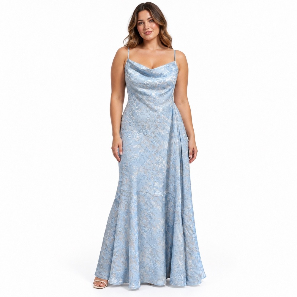 Babyboo Light Blue Floral Jacquard Cowl Neck Lace Up Back Maxi Dress 14